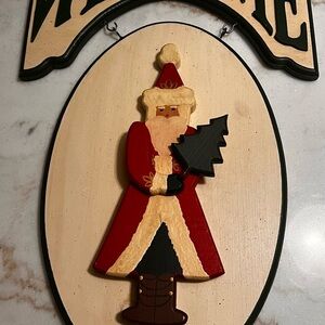 Hand Painted Solid Wood Santa Tree Welcome Wall Door Hanger Christmas Decor VTG